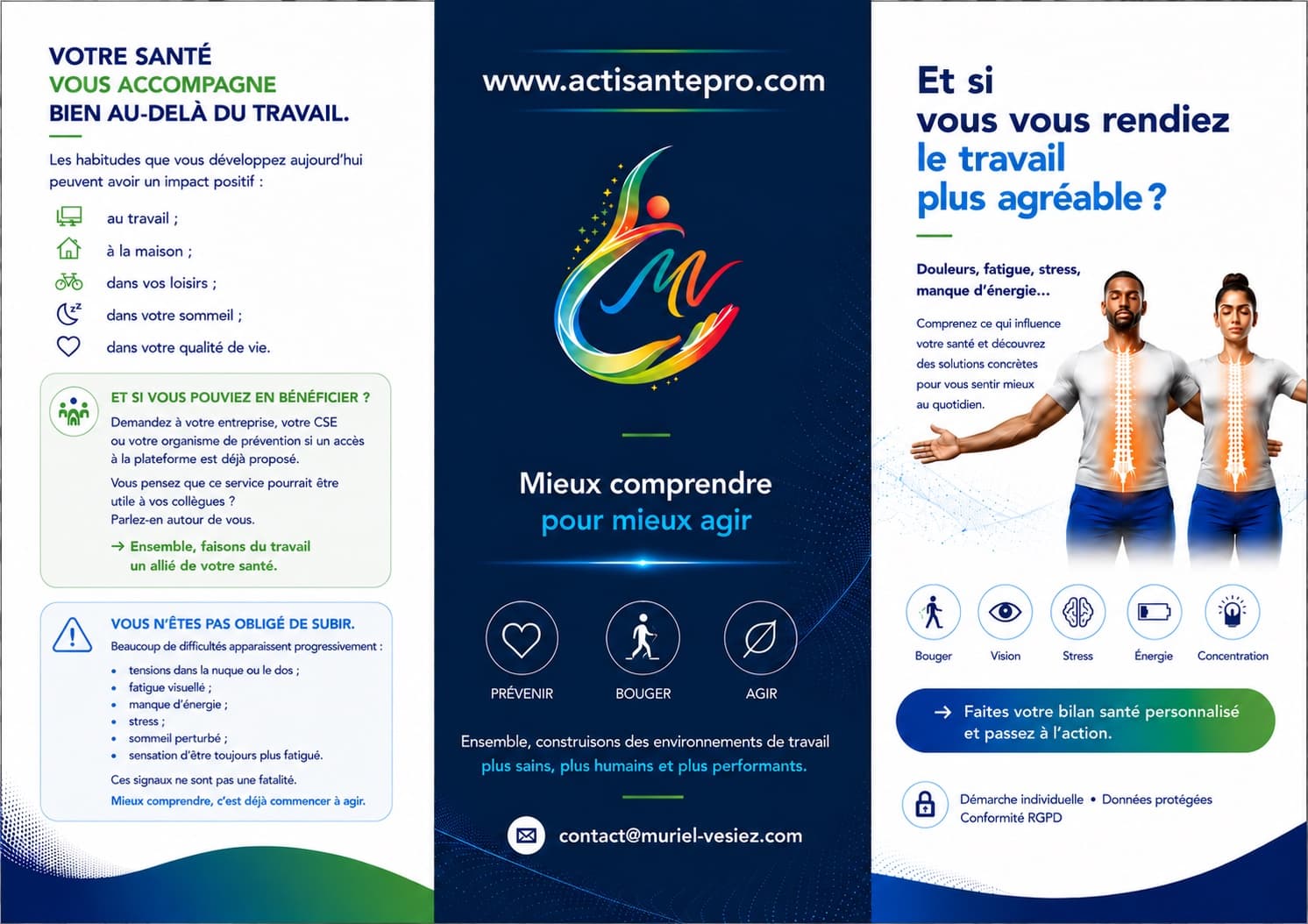 Brochure Actisantepro — recto : Votre santé vous accompagne bien au-delà du travail. Et si vous vous rendiez le travail plus agréable ?